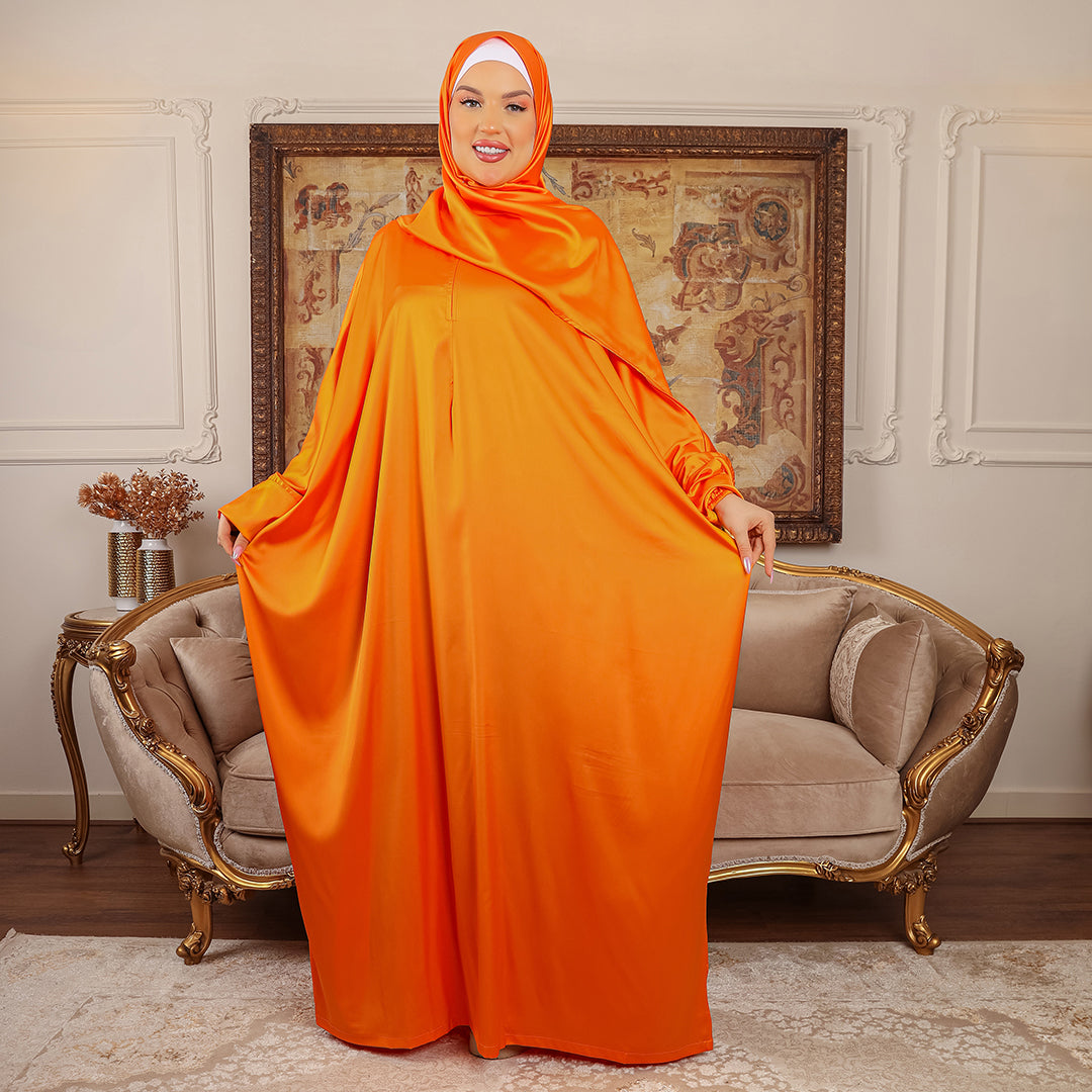 أرماني - ثوب صلاة حرير ستان ساده عملي مع غطاء الرأس