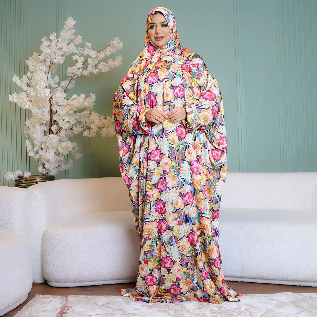 Practical Printed - silky satin prayer dress with headscarf