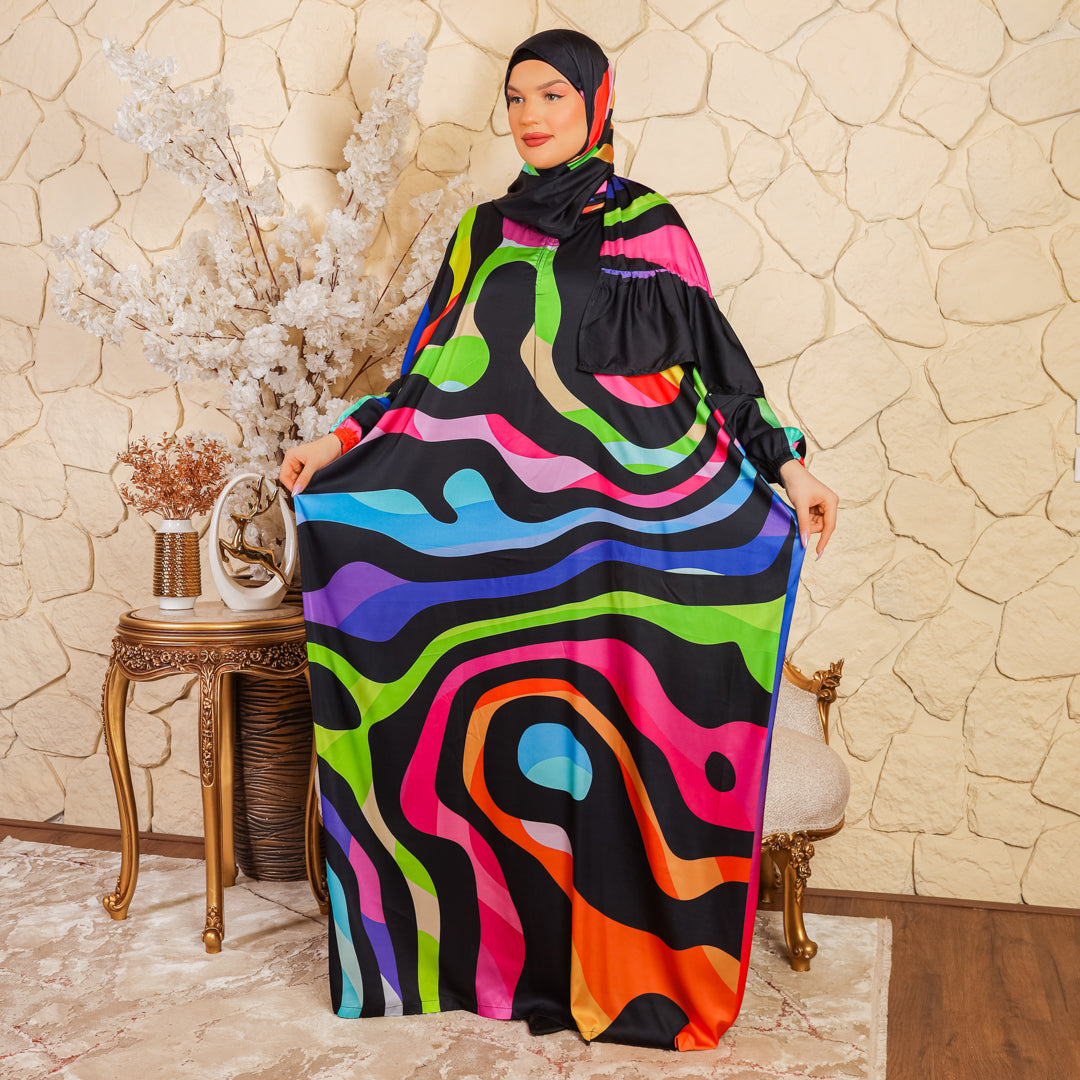Practical Printed - silky satin prayer dress with headscarf
