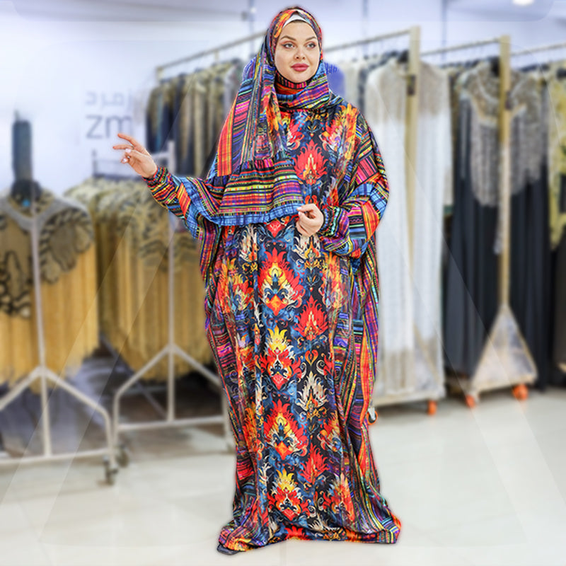 Practical Printed - silky satin prayer dress with headscarf