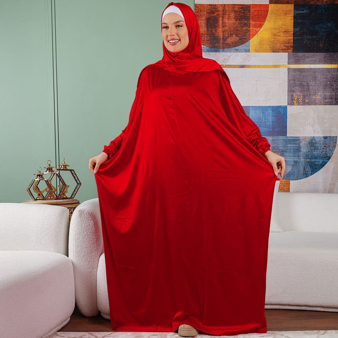 أرماني - ثوب صلاة حرير ستان  ساده عملي مع غطاء الرأس