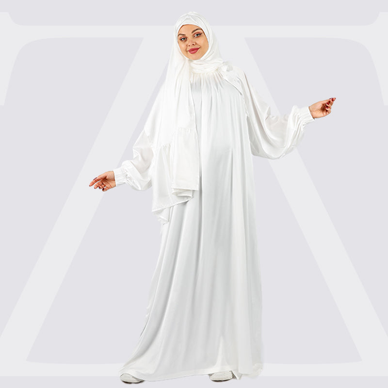 Turkish - Practical plain silky satin prayer dress with headscarf