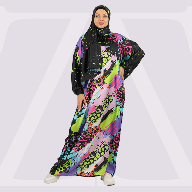 Practical Printed - silky satin prayer dress with headscarf